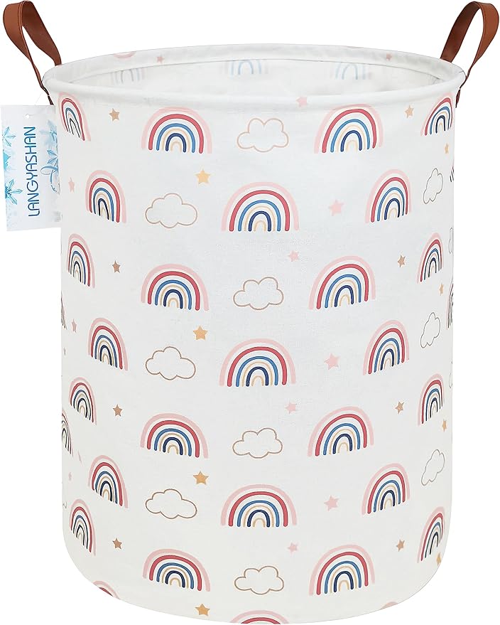 LANGYASHAN Laundry Basket Canvas Fabric Collapsible Organizer Basket for Storage Bin Toy Bins Gift Baskets Bedroom Clothes Children Nursery Hamper (Round Cloud Rainbow)
