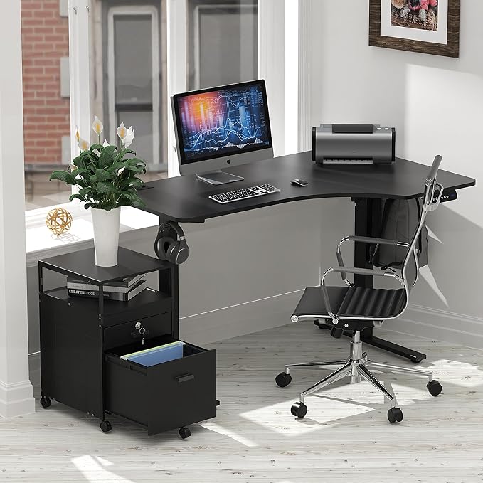 SHW Box File Rolling Mobile Cabinet with Open Shelf and Lockable Drawer, Black