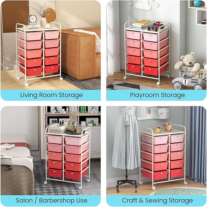 Giantex 10 Drawers Rolling Cart, Classroom Organizers, Storage Cart with Wheels, for Teacher Office Home School Supplies Tool Craft Art Paper, Pink Gradient