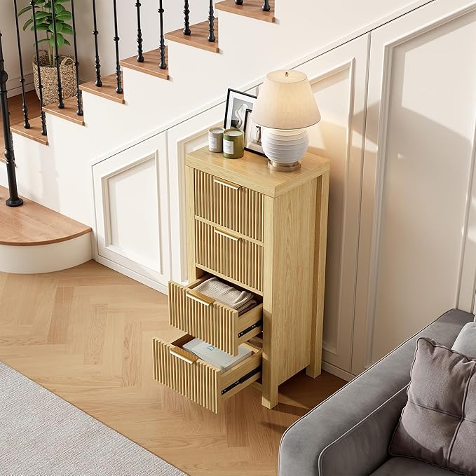 Modern 4-Drawer Solid Wood Dresser with Fluted Front & Gold Handles, Multifunctional Tall Storage Chest, for Hallway, Entryway, Natural
