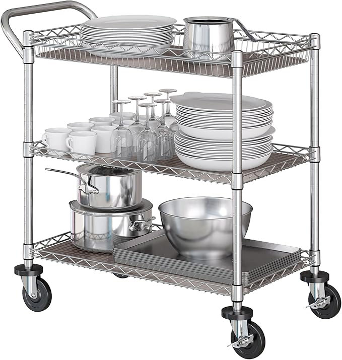 Seville Classics UltraDurable NSF Commercial Heavy Duty Metal Rolling Utility Cart, w/ Steel Shelves, Handle Bar for Restaurant, Garage, Warehouse, Kitchen, Office, Top Basket 35.5"W x 20.25"D, Chrome