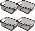4 Pcs Metal Wire Baskets with Wooden Handles, 9.4x6.9in Wire Storage Basket, Modern Black Rectangular Metal Mesh Basket, for Cabinet Pantry Closet Kitchen Bathroom Office Fridge Fruit Makeup Snacks