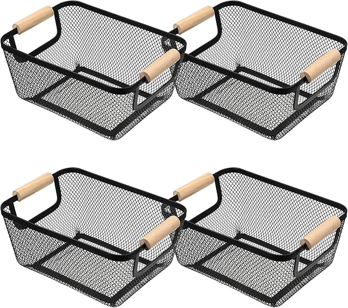 4 Pcs Metal Wire Baskets with Wooden Handles, 9.4x6.9in Wire Storage Basket, Modern Black Rectangular Metal Mesh Basket, for Cabinet Pantry Closet Kitchen Bathroom Office Fridge Fruit Makeup Snacks