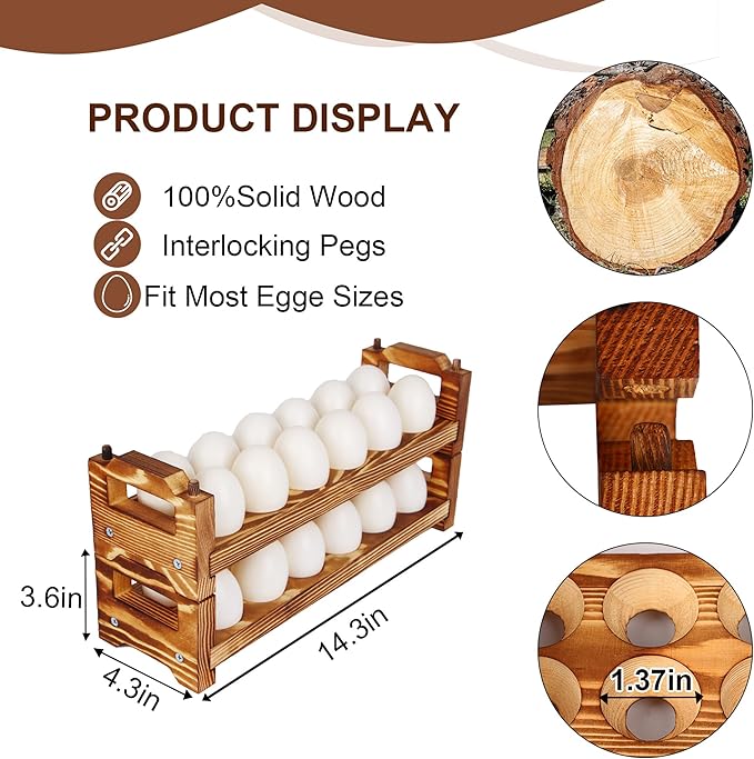 CVHOMEDECO. Wooden Egg Holder Fresh Egg Holders Countertop Firewood Egg Collecting Rack for Gathering Fresh eggs, Stackable with 24 eggs, Home Kitchen Organizer, Set of 2 PCS