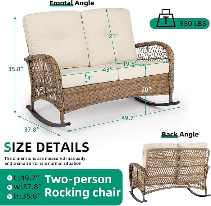 VIVIJASON Outdoor Wicker Loveseat Rocking Chair, 2-Person Patio Rattan Double Rocker Sofa with Thick Cushions, All-Weather Loveseat Rocker for Porch, Backyard & Garden