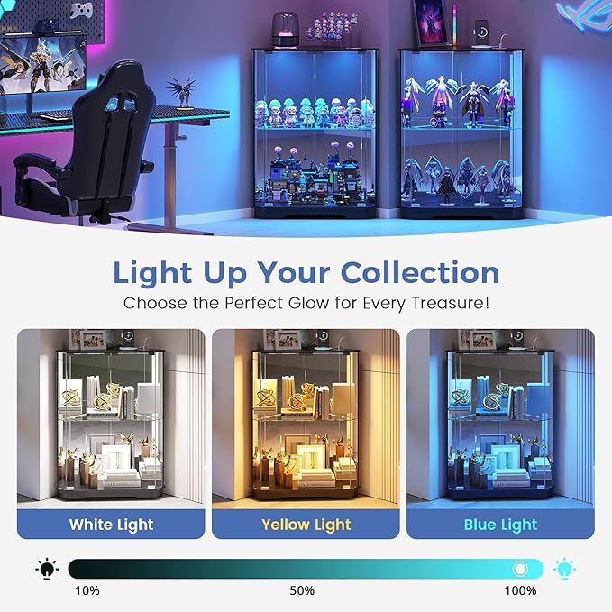 Corner Display Cabinet with Glass Doors, Small Display Case with 3-Color LED Lights and Charging Station, 2-Tier Curio Cabinet with Storage and Shelf, Black