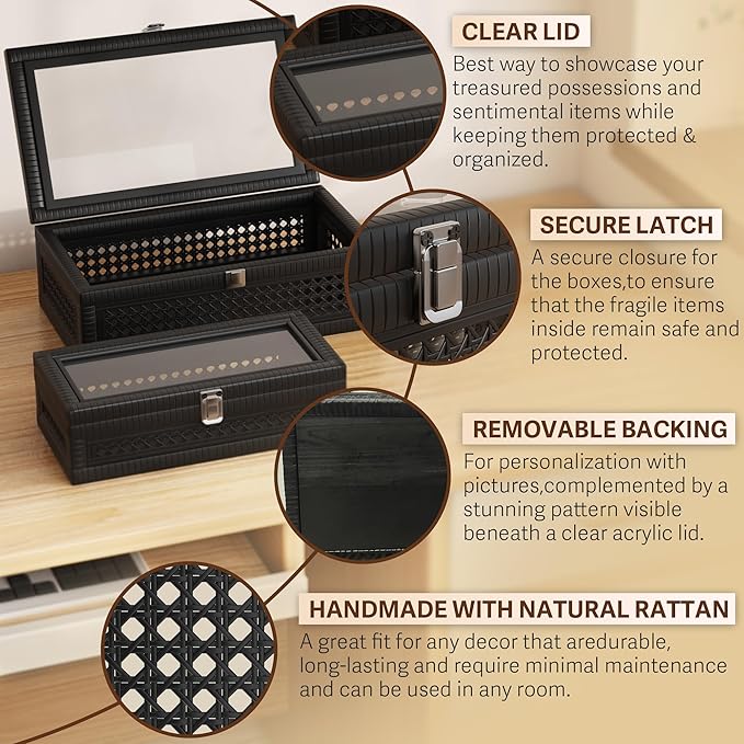 Rattan Decorative Box,Boho Display Boxes with Lids,Set of 2 Rectangular Wicker Storage Decoration,Natural Woven Cane Bins for Home Decor for Rustic Farmhouse(Black)