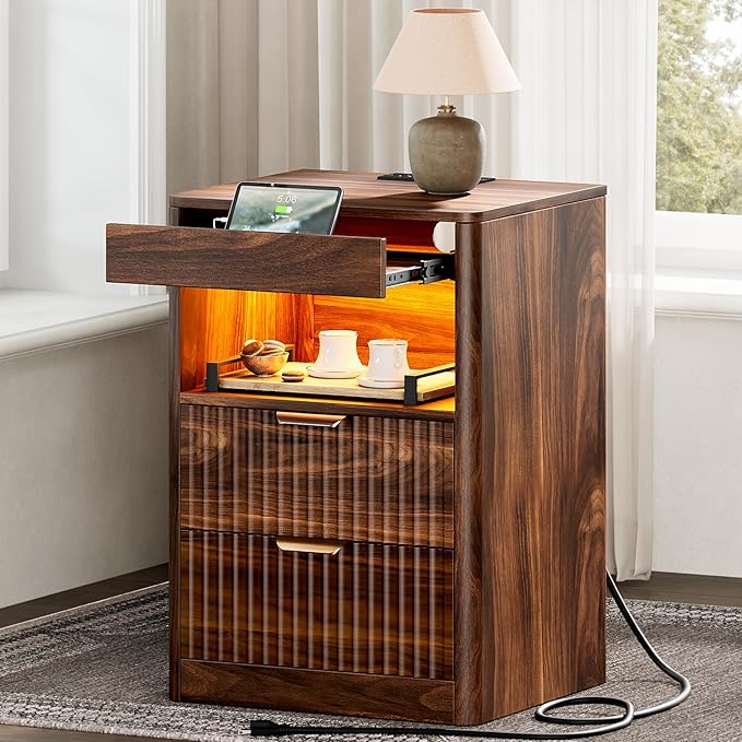 REAHOME Fluted Nightstand Set of 2 with Charging Station, Modern LED Night Stand with 2 Drawers and Pull Out Tray, Wood Bedside Table, End Side Table with Open Shelf for Bedroom,Walnut