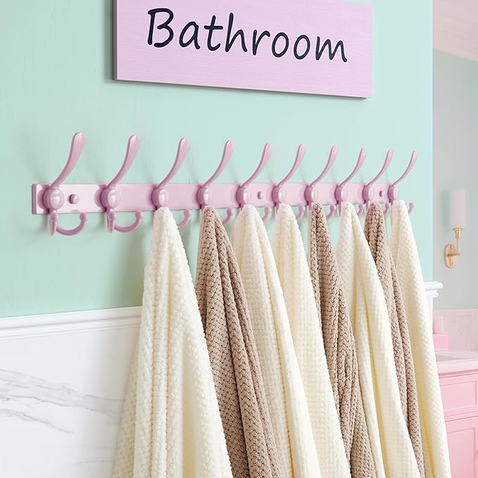 Dseap MaxStrong 2.0 Coat Rack Wall - 37” Long 10 Tri Hooks - Ultra Heavy-Duty Stainless Steel Wall Mount Coat Hanger, Hook Rail for Clothes Hats Jacket Towels Pink