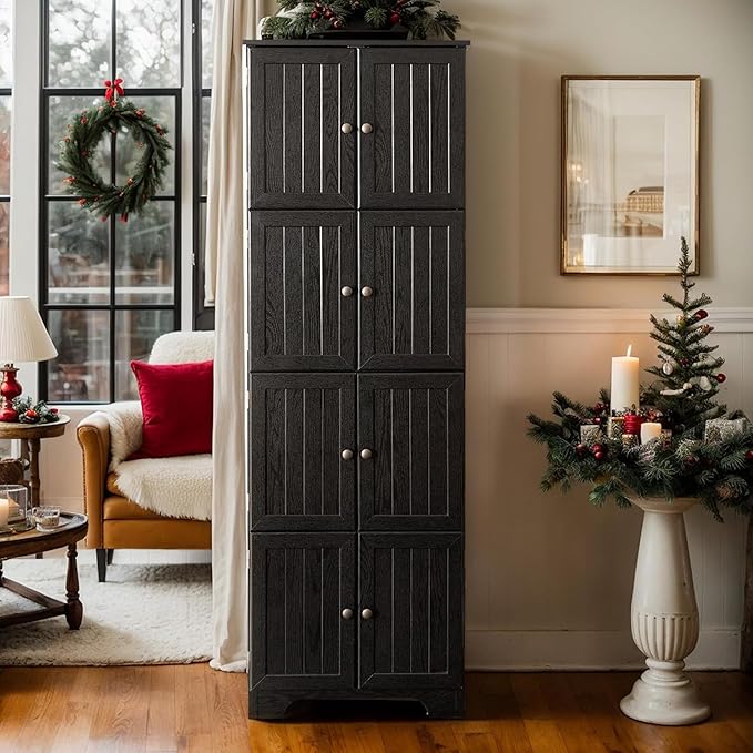 72" H Farmhouse Storage Cabinet, 4 Tier Kitchen Pantry Cabinet with 4 Shelves, 8 Doors Freestanding Floor Storage Cabinet Wooden Organizer Bookcase for Living Room & Kitchen (Black)