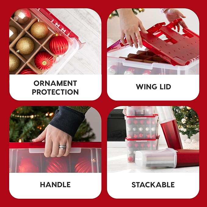 IRIS USA Ornament Storage Box with Attached Lid, Stores 75 Ornaments per Bin, 2-Pack, Stackable Durable Christmas Storage Organization Container Bin for Holiday Decorations and Accessories, Clear/Red
