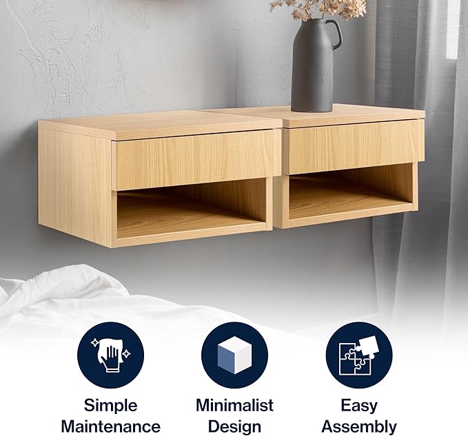 JONATHAN Y NST2002C Ettore 15.71" Mid-Century Modern Floating Wall Mounted Nightstand with Soft-Close Drawer and Cable Hole, Light Oak