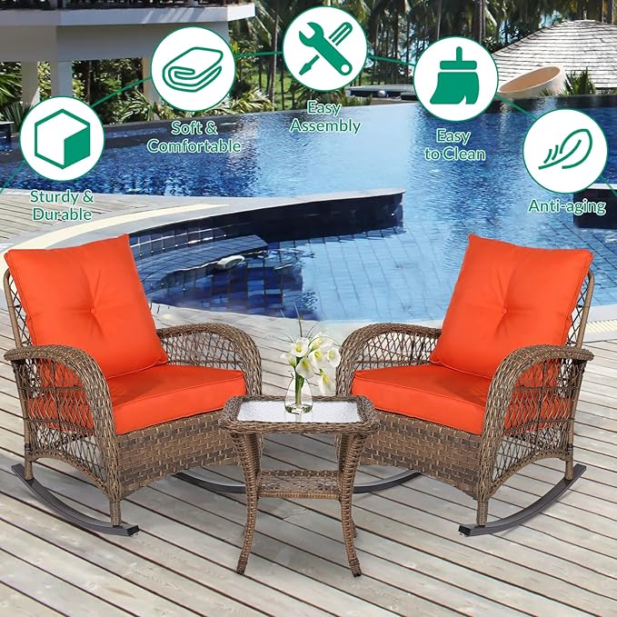 VIVIJASON 3-Piece Outdoor Conversation Bistro Set, Patio Wicker Rocking Chairs Rattan Furniture Sets w/ 2 Rattan Cushioned Chairs and Glass Top Side Table for Garden Porch Backyard (Orange)