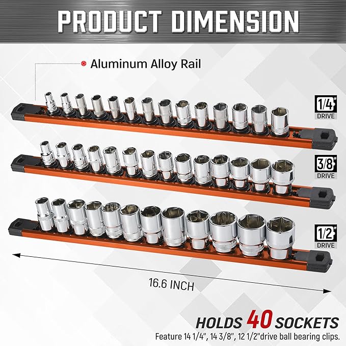 ALOANES 3-Piece Magnetic Rail Organizer, Heavy Duty Aluminum Rails, 360 Swivel Clips Socket Holder Kit for Tool Box, 1/2, 3/8, 1/4-Inch Socket Holder x 40 Clips (Orange)