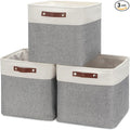 HNZIGE Storage Foldable Storage Baskets Cubes Set(3 Pack) Fabric Bins for Shelves,13 Inch Storage Basket for Organizing with Leather Handles for Home, Toys, Clothes,Closet Storage(White&Gray)
