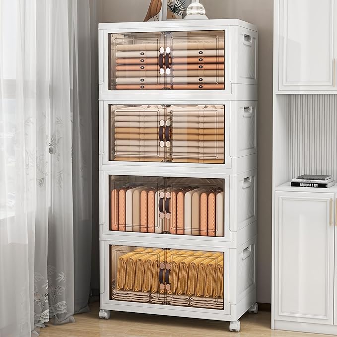 Storage Bins with Lids and Wheels, Collapsible Bathroom Storage Cabinet with Clear Doors, Plastic Stackable Closet Organizers and Storage Containers White 398 QT