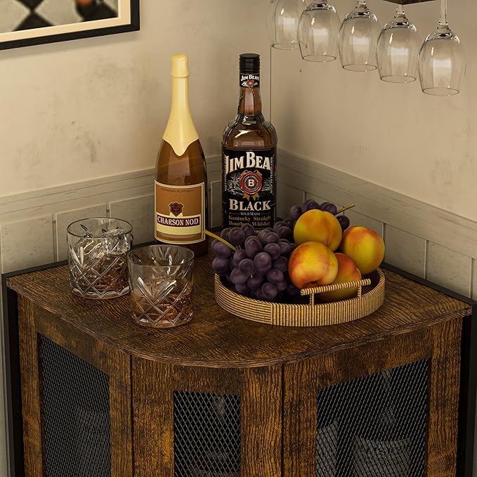 JKsmart Corner Storage Cabinet with Open Shelf, 3-Tier Industrial Wine Bar Shelf with Door, Industrial Corner Cabinet for Kitchen, Living Room, Dining Room, Rustic Brown