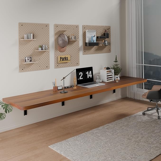 IAE Wall Mounted Folding Table with Pine Wood,72" x 16" Floating Wall Desk,Laundry Folding Table with Shelf Brackets,Fold Down Desk Shelf,Folding Workbench for Home,Dining,Laundry Room,Kitchen,Teak