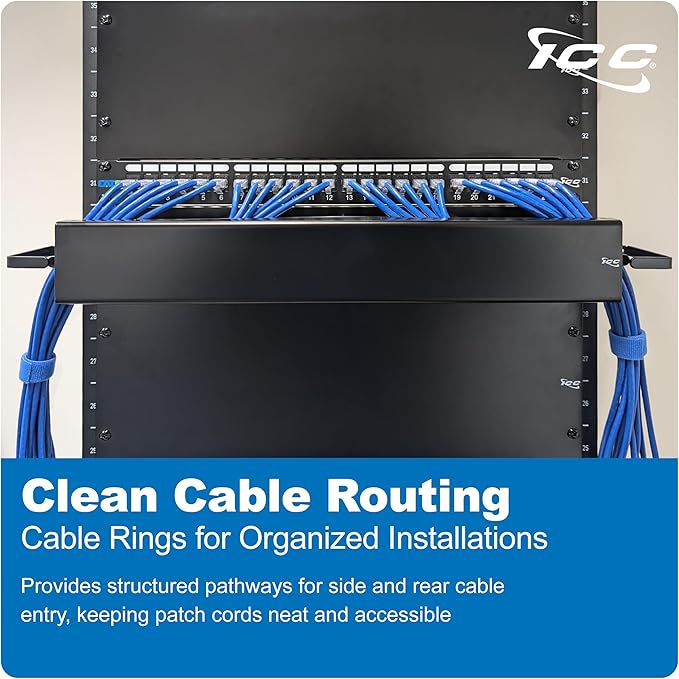 ICC 2U Ring Cable Manager Panel with Cover, Metal, 3" D-Rings, Horizontal and Vertical Cable Management, Rackmount for 19” Network Racks, Black, Single Pack