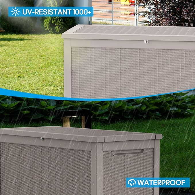 320 Gallon Large Deck Box,Resin Outdoor Storage Box with Lockable for Patio Furniture, Pool Accessories, Garden Tools Waterproof Outside Storage Box, Grey Pattern