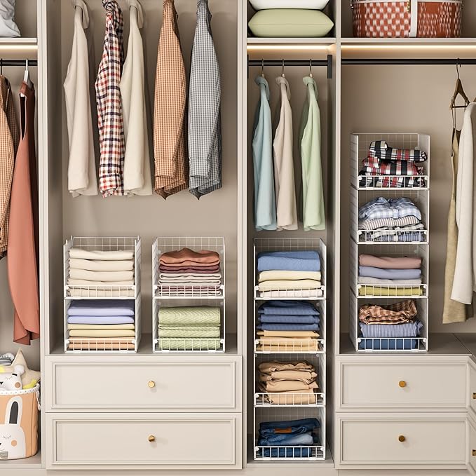 Stackable Closet Organizers and Storage - 4-Tier Stackable Storage Bins, Foldable Closet Shelf Organizer Basket, Clothes Organizers Shelves for Organizer System(15.7"x11.8"x34.64")