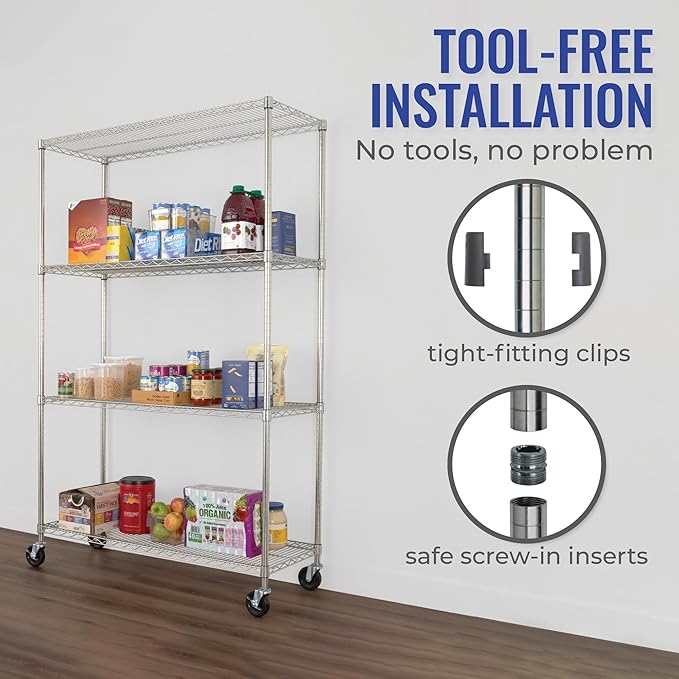 SafeRacks - NSF Certified Storage Shelves, Zinc, Heavy Duty Steel Wire Unit with Wheels and Adjustable Feet, Garage or Bakers Rack, Kitchen, Pantry Shelf - (18"x48"x72" 4-Tier) (Silver)