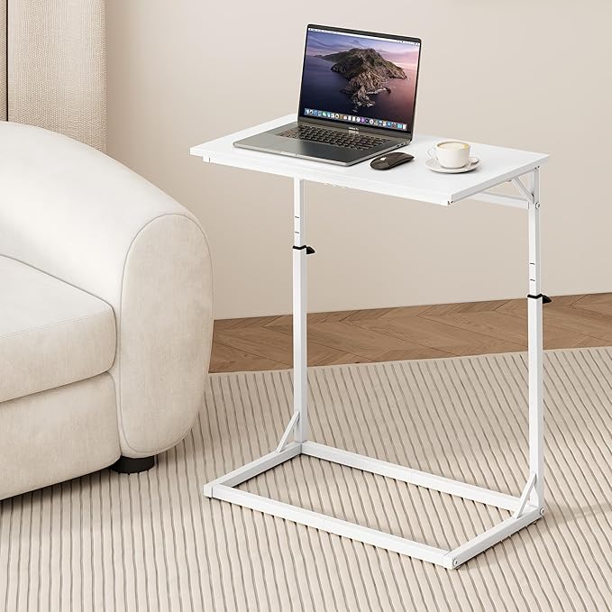 Vagusicc C Shaped End Table, Tall Side Table for Couch, C-Table End Table Adjustable Height Side Table, Large Surface Sofa Table TV Tray, Slide Under Couch Table for Sofa, Living Room, Bedroom, White