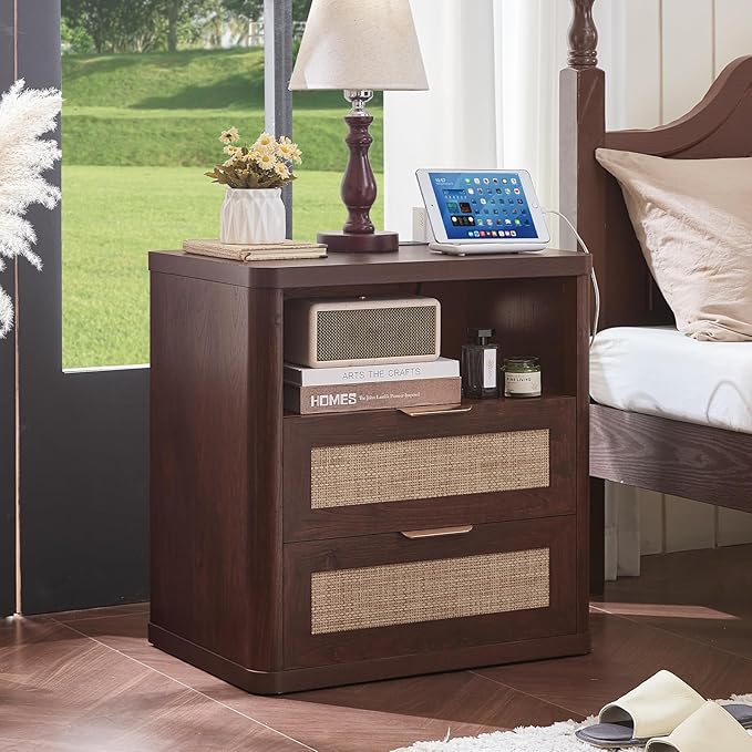 LEYAOYAO Rattan Nightstands Set of 2 with Charger Station, 23" Wide Boho Night Stand with 2 Drawers, Bedside Table Open Shlef, Bed Side End Table Dresser for Bedroom, Living Room Hallway, Walnut