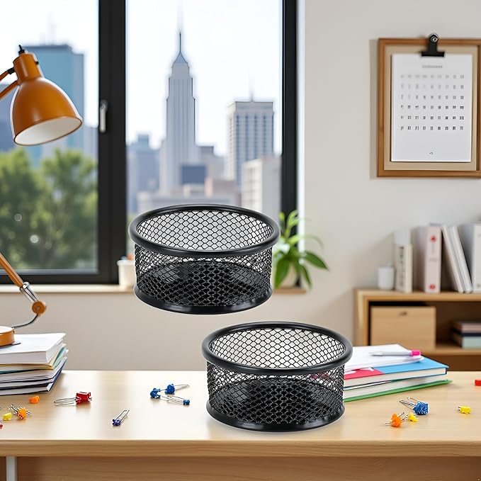 2Pcs Black Minimalist Metal Paper Clip Holder Mesh Paperclip Bowl Binder Clip Dispenser Desk Bobby Pin Container Organizer for Home Office Classroom School Desk Supplies Holders and Dispensers