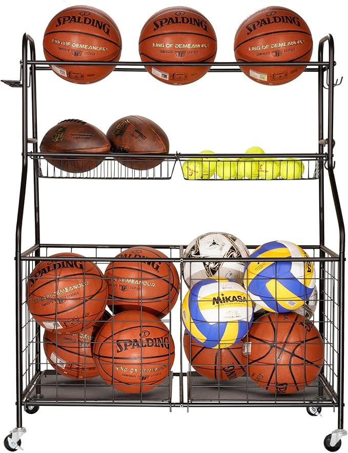 Kinghouse Garage Sports Equipment Organizer, Ball Storage Rack, Toy Storage, Nerf Gun Organization on Wheels for School, Garage, Black, Steel (Black)