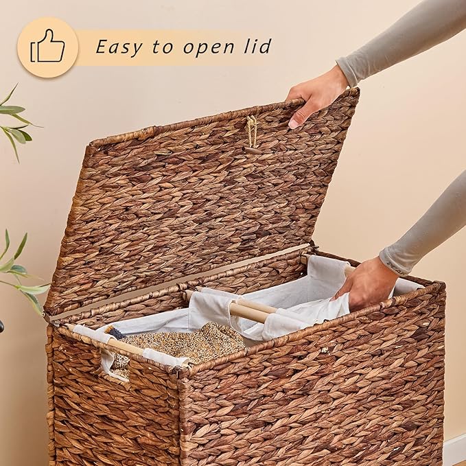 Handwoven Large Laundry Hamper with Lid and 2 Removable Liner Bags, Heightened Feet Natural Hyacinth Clothes Hamper,Wicker Laundry Basket for Clothes and Towels