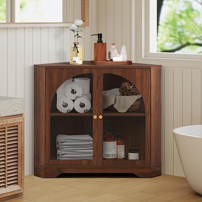 Mid-Century Floor Coner Storage Cabinet, 23" Short Small Wood Coner Cabinet with Adjustable Shelve & Acrylic Arched Mullion Doors for Bathroom, Living Room, Kitchen, Coofee Bar (Walnut)