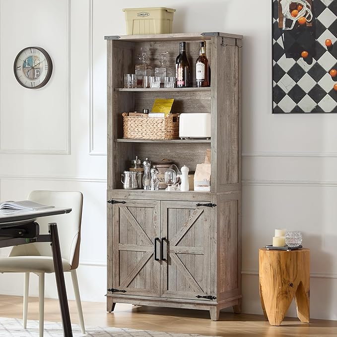 5 Tier Bookshelf 70in Tall Bookcase with Barn Doors and Storage Cabinet, Grey Farmhouse Book Shelf with Adjustable Shelves, Wood Freestanding Display Bookshelves for Bedroom, Kitchen (3 PCS)
