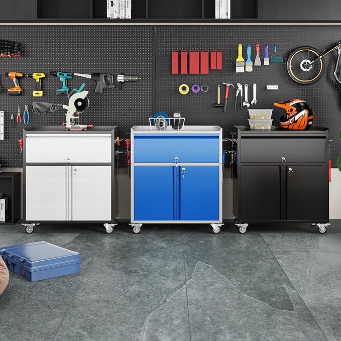 Aobabo Metal Cabinet with Wheels, Metal Garage Cabinet with 1 Drawer and 4 Hooks, Small Rolling Tool Storage with Pegboard and Handle, Blue Grey, Assembly Required