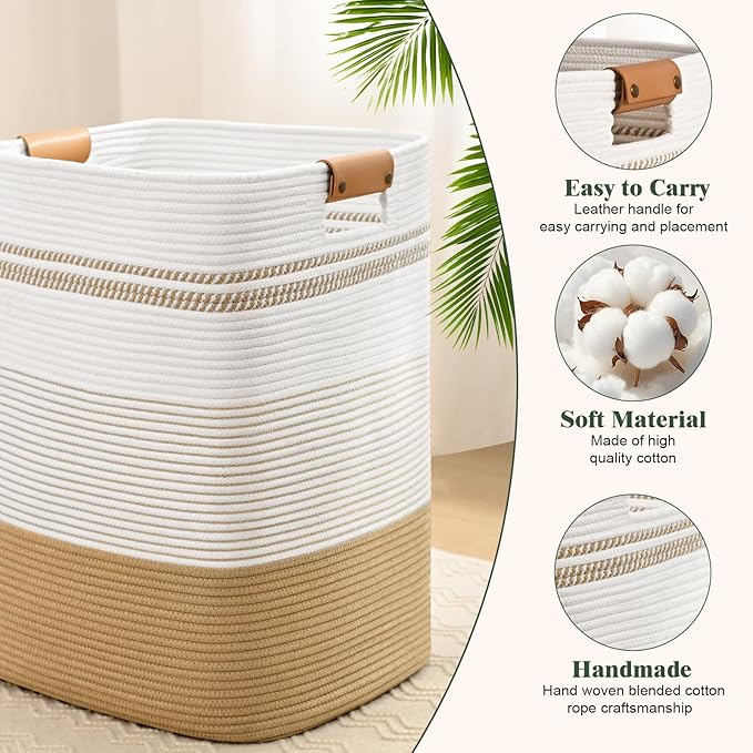 Laundry Hamper, 95L Tall Laundry Basket with Leather Handles, Rectangle Large Clothes Hamper for Organizing, Cotton Woven Laundry Baskets Storage Hampers for Bedroom, Nursery, Living Room