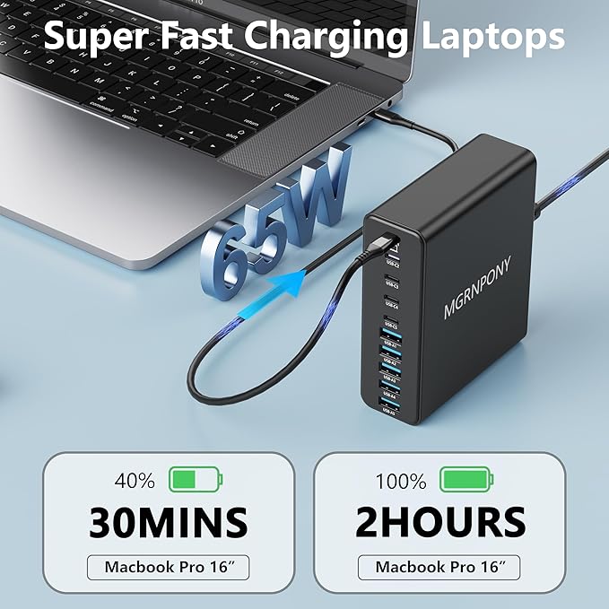 320W USB C Charger Block, 10-Port USB C Charging Station GaN III PD 65W Laptop Fast Charger Adapter for MacBook Pro/Air, DELL, iPad, iPhone, Samsung Galaxy Black