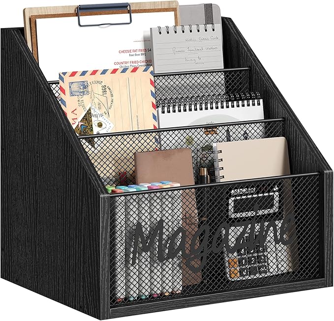 Magazine Holder, Wood Magazine Rack Floor, Mail Organizer Countertop, Magazine Mail Holder Sorter, Record Holder for Magazines, Books, Newspapers, Tablets, Black MR02BB