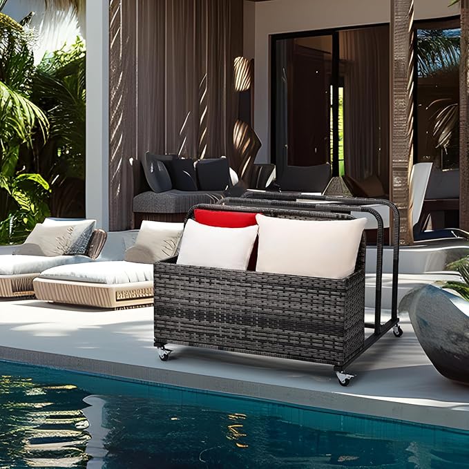 Poolside Float Storage Organizer,Pool Toy Storage Holder with Wicker Basket Outdoor Pool Float Holder Rack Rolling Poolside Caddy Cart Raft Rack for Pool Noodle Equipment Mixed Grey