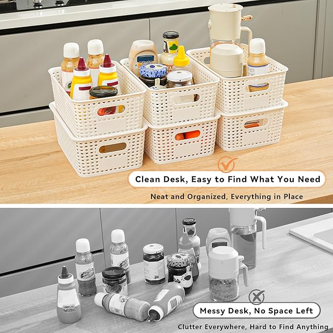 10 Pack Plastic Storage Bins with Lids, Stackable Storage Baskets with Handles, Plastic Organizer Bins with Labels for Desk,Shelves,Office, PlasticContainer Bins for Pantry Organizers and Storage