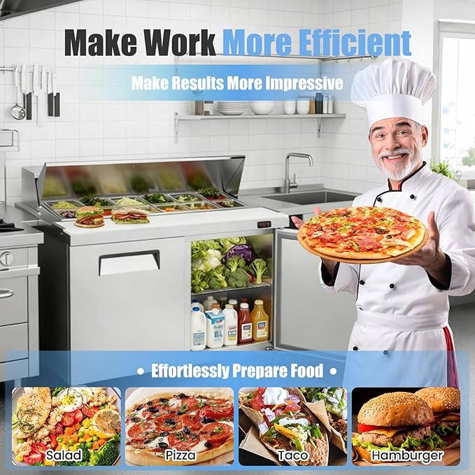 48" W Commercial Refrigerator Sandwich Salad Prep Table, Stainless Steel 2-Door Sandwich Prep Table Refrigerator, Counter Fan Cooling Refrigerator with 12 Pans for Restaurant, Bar