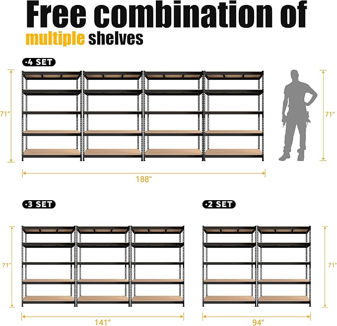 PrimeZone 5 Pack Heavy Duty Storage Shelves - 47" W x 18" D x 71" H 5 Tier Adjustable Garage Storage Shelving, Metal Storage Utility Rack Shelf Unit for Warehouse Pantry Closet Kitchen, Black