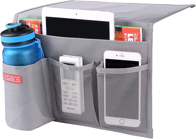 Bedside Storage Organizer - Table Cabinet Organizer Caddy for Remotes, Phone, Glasses (4 Pockets - Grey)