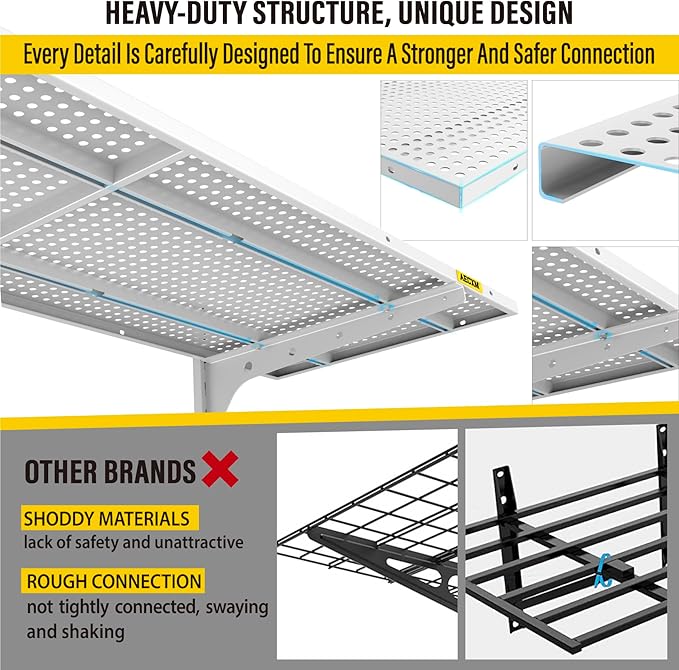 2-Pack 2 Tier 1.3x4ft Garage Shelving Wall Mounted, 520lbs Load Capacity，15.6x48inch per Shelf Height Cassette Adjustable Floating Shelves (White)
