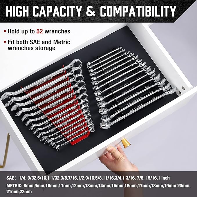 ALOANES 52-Slot Metal Wrench Organizer, Heavy Duty Wrench Organizer Tray for Tool Box, Fit SAE & Metric Wrench Storage, 4 Pack Wrench Holders(Red&Black)