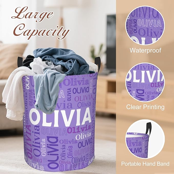 Custom Name Laundry Hamper, Personalized Laundry Basket with Name for Boys Girls Kids Men Women, Customized Name Dirty Clothes Basket Gifts for Clothes Toy Bathroom Bedroom Laundry Room Dorm