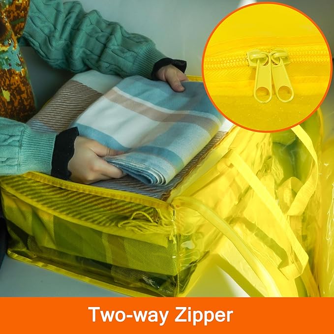 Vieshful 40L Yellow Clear Clothes Storage Bag Colorful Clothes Organizer with Zipper Vinyl Storage Bag for Comforter, Blanket, Bedding, Duvet, Transparent Moving Totes 3 Pack