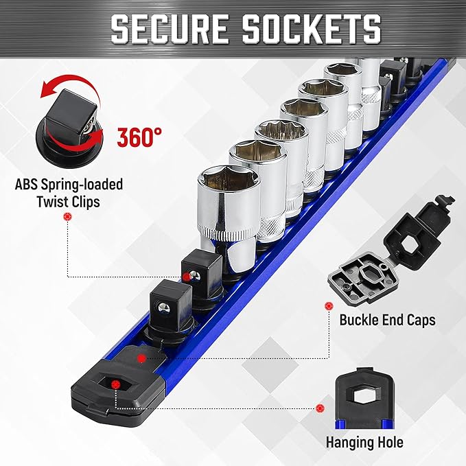 ALOANES 6-Piece Magnetic Socket Organizer, Heavy Duty Aluminum Socket Rails Organizer, 360° Swivel Clips Socket Holder Kit for Tool Box, 1/2, 3/8, 1/4-Inch Socket Holder x 80 Clips (Red&Blue)