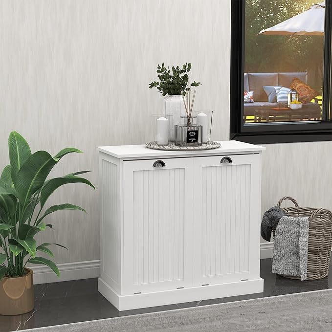 KEIKI Double Tilt-Out Laundry Hamper Cabinet with Removable Bags, Hidden Laundry Organizer for Bathroom or Laundry Room Cabinets, White