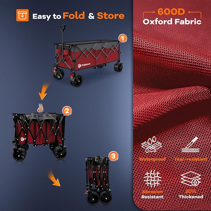 48" L Folding Beach Wagon Cart Foldable, 560lbs Weight Capacity 300L Heavy Duty Collapsible Wagons with Big All-Terrain Wheels, Utility Carts for Groceries, Shopping, Camping, Sports - Grey&Red