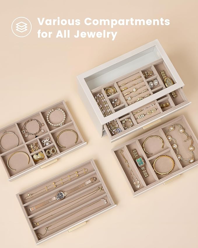 Lolalet Jewelry Box Organizer, 4-Layer Jewelry Organizers and Storage Case with Glass Lid, Ring Earring Bracelet Necklace Holder Organizer, Birthday Christmas Gifts for Women Girls -4Layer, Beige